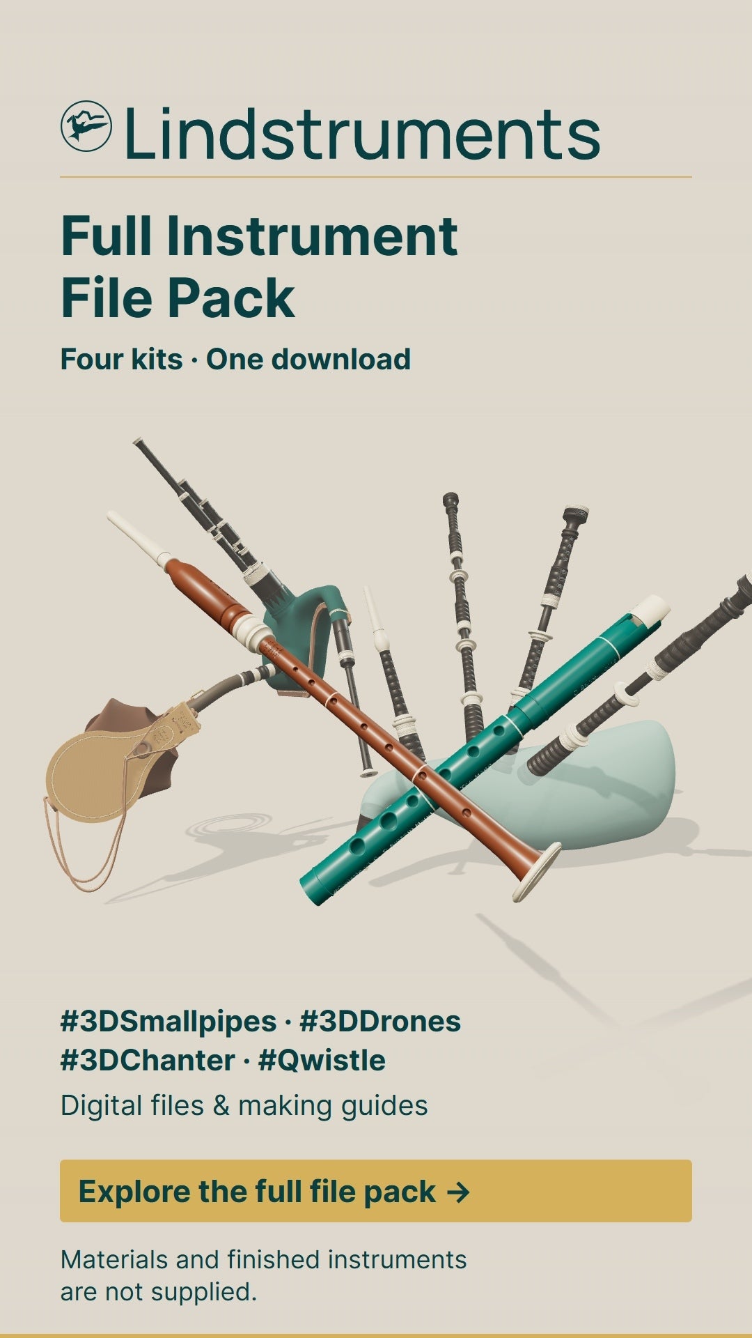 Four complete Lindstruments printable instrument designs spinning and settling into the full file pack arrangement