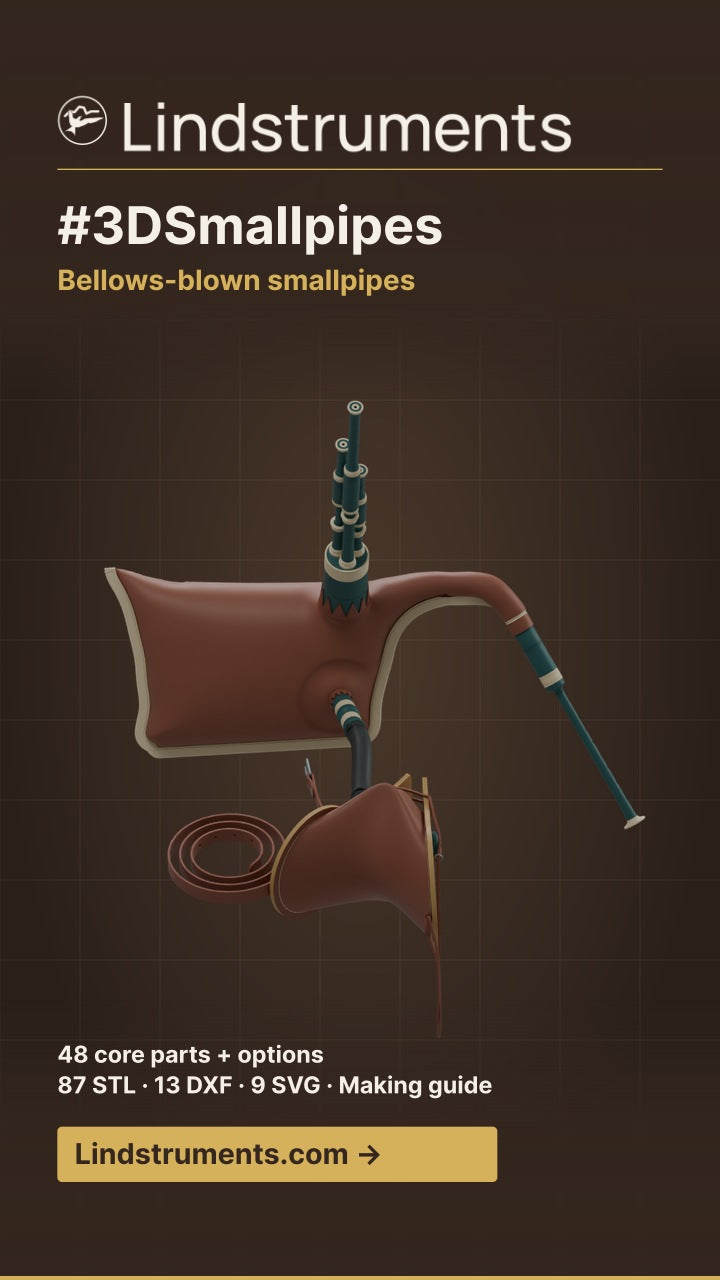 #3DSmallpipes printable bellows-blown set with D chanter, three drones, bag and bellows